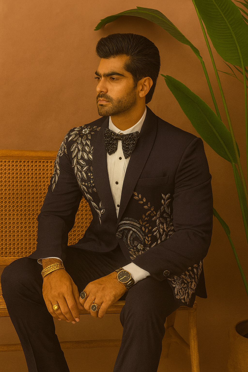 “Back view of Men’s Handcrafted Embellished Tuxedo Suit with detailing”