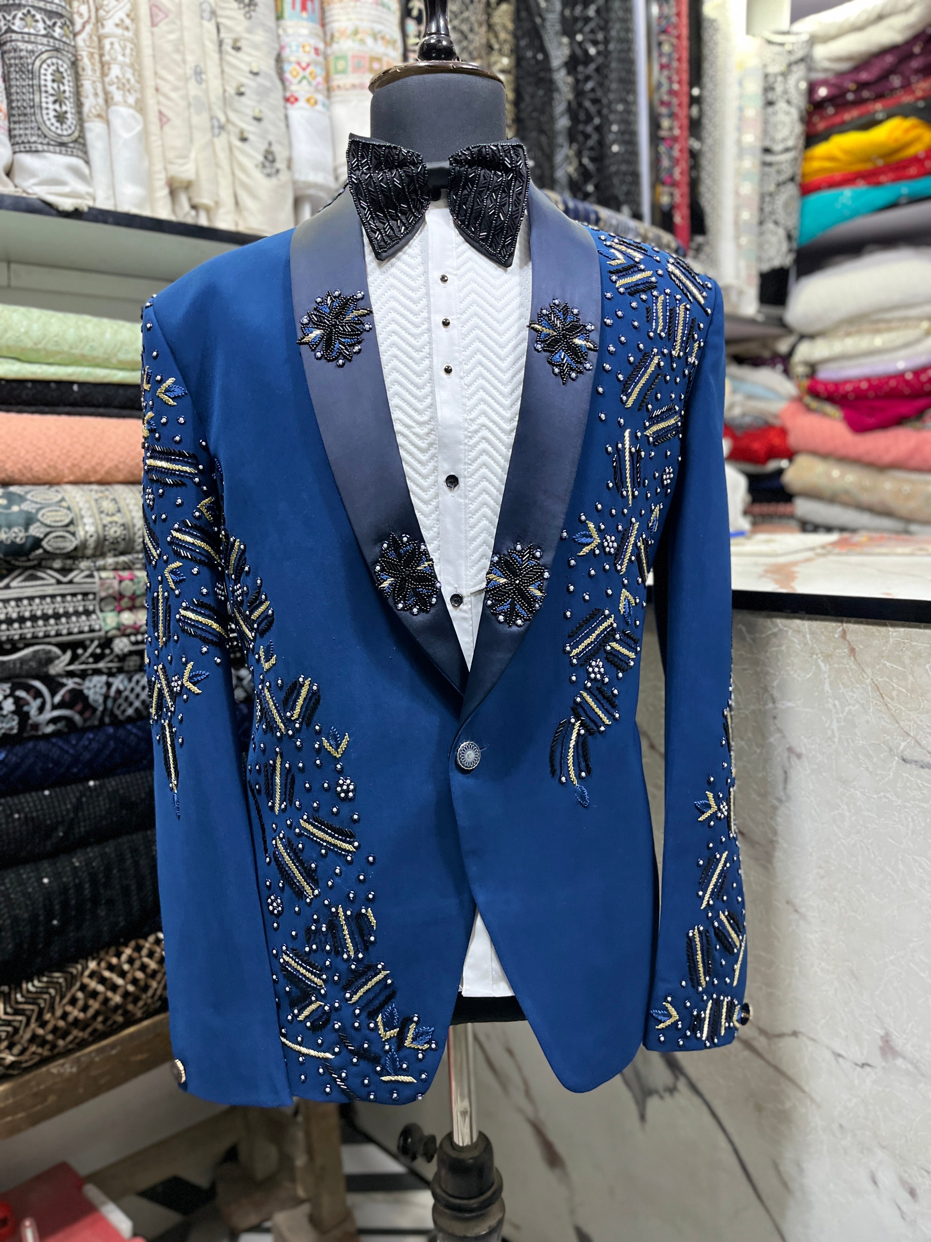 Men's Royal Blue Handcrafted Cut Work Tuxedo Suit