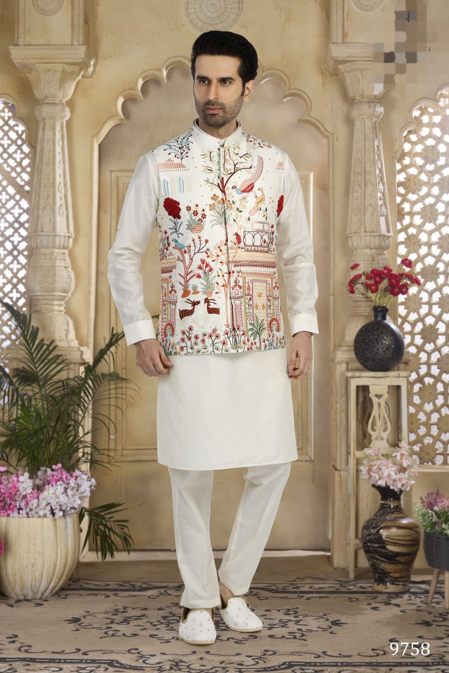 Men's Black and White Multi Colour Thread Embroidery Nehru Jacket Set