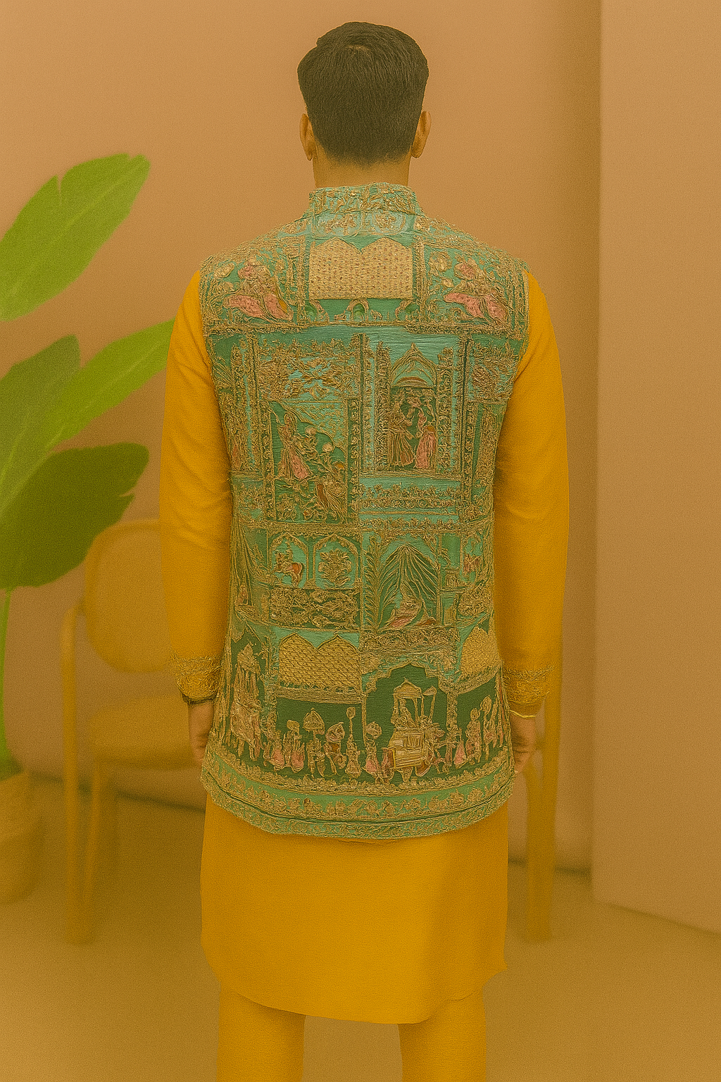 A close-up shot of the intricate design on the open koti.
