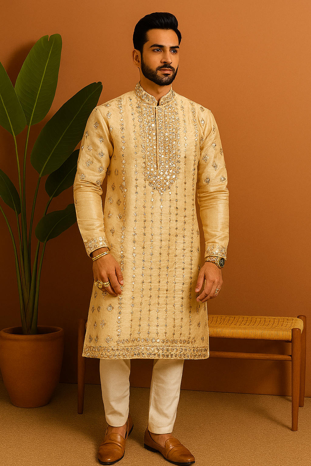 A photograph of a man in a stylish kurta, highlighting the quality of the pure silk fabric and the unique design.

