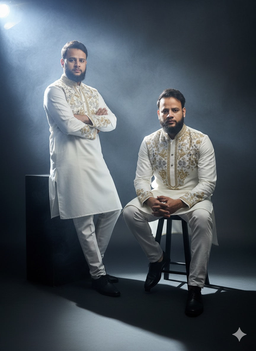 White kurta pajama with golden embroidery for men wedding wear