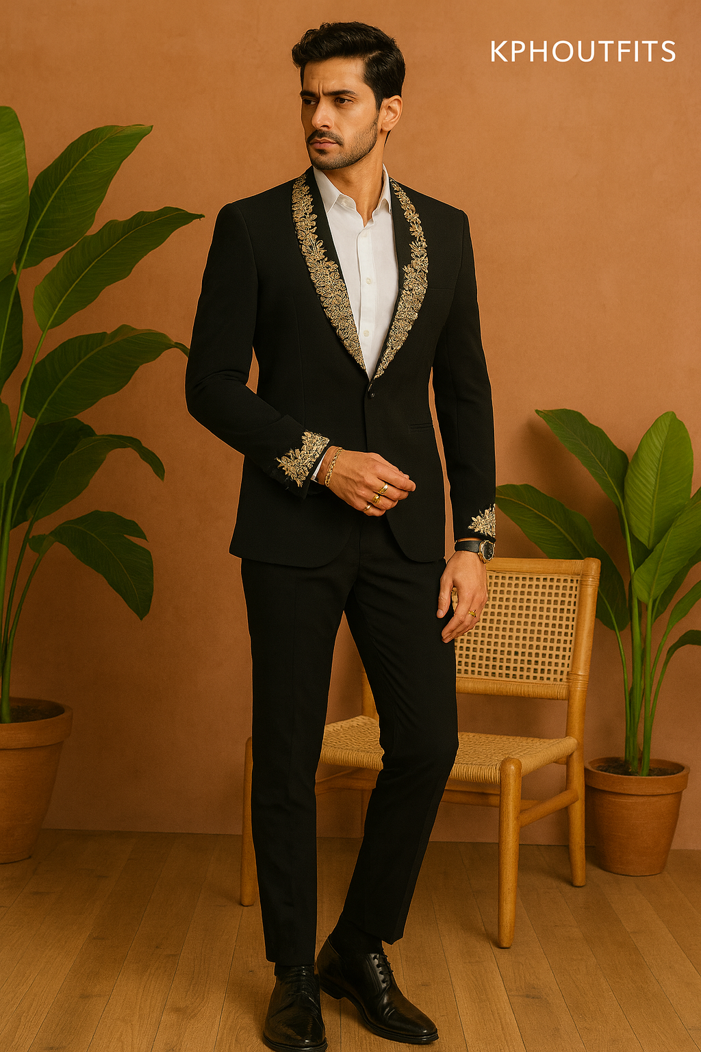 Men's Black Handcrafted Shawl Lapel Tuxedo in Japanese Fabric- KPH Outfits