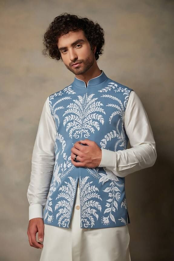 Men's Blue Applique Embroidery Waistcoat Set