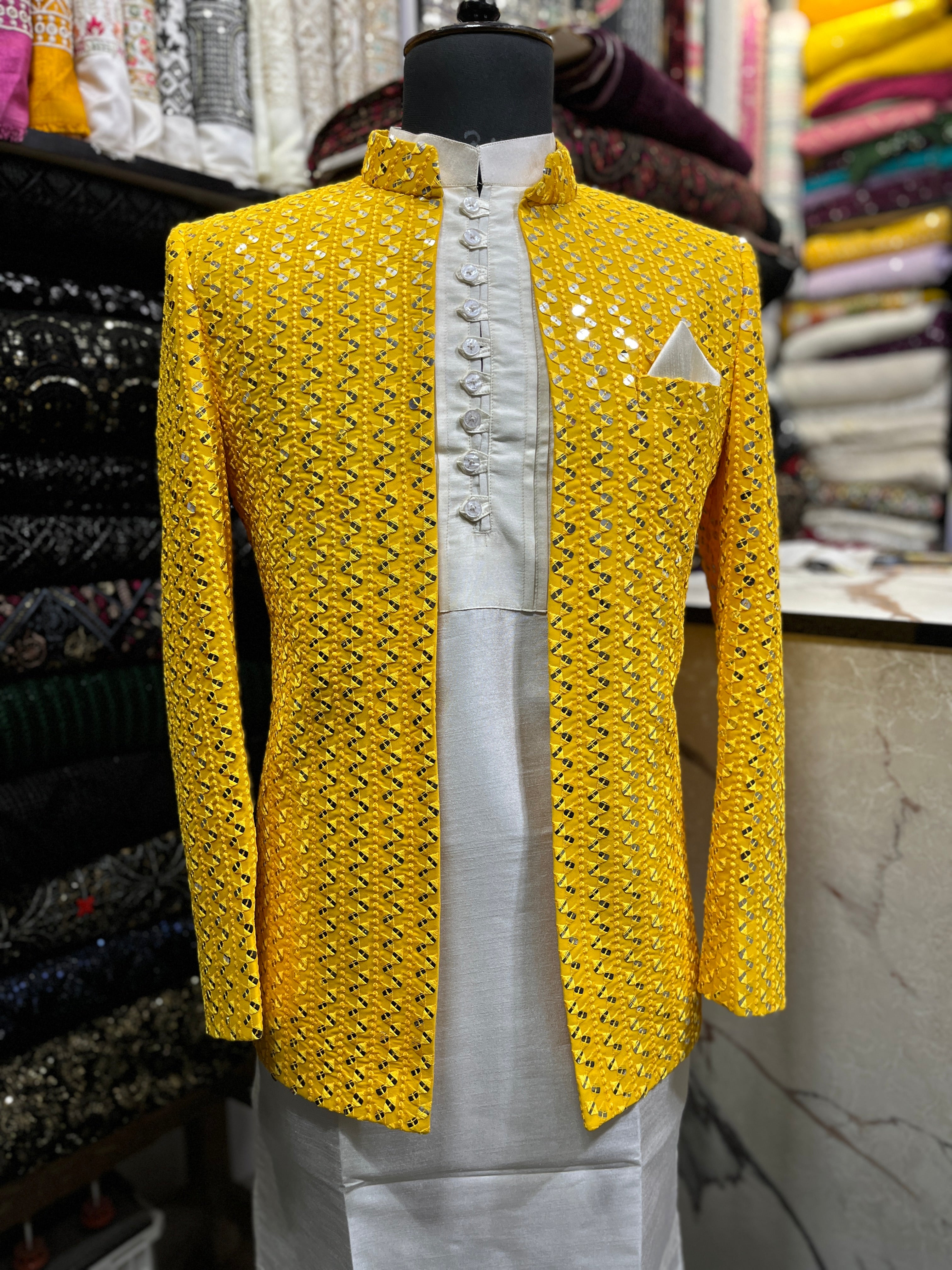 Men's Yellow Exclusive Mirror Jodhpuri Set