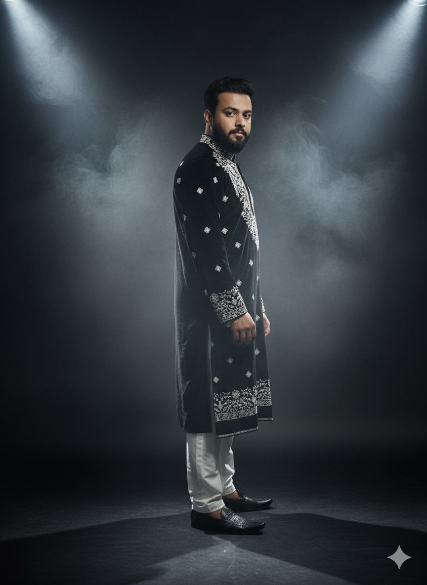 Handcrafted KPH Outfits velvet kurta featuring scattered silver motifs