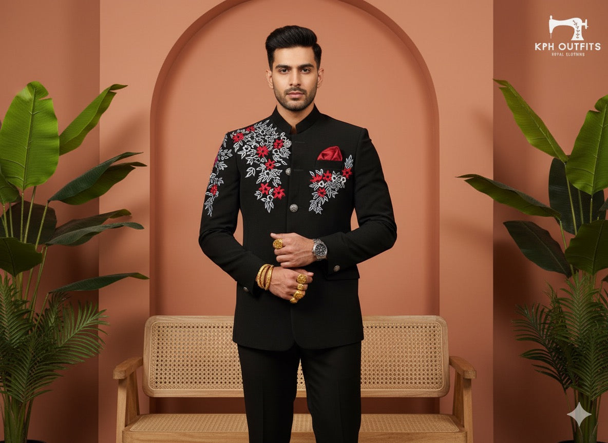 Black Jodhpuri with red and silver floral embroidery – KPH Outfits