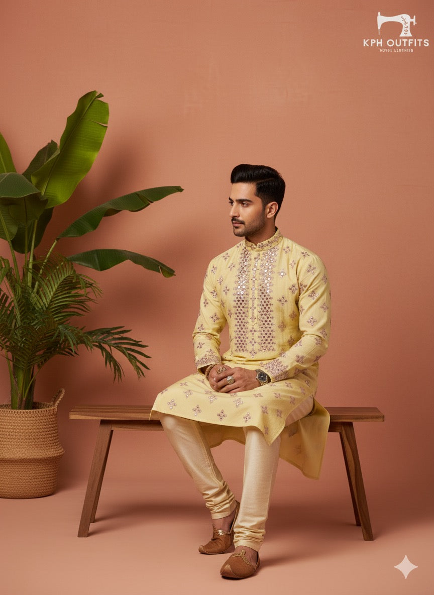Abhinav Mishra inspired men’s wedding outfit – yellow kurta pajama with dupatta