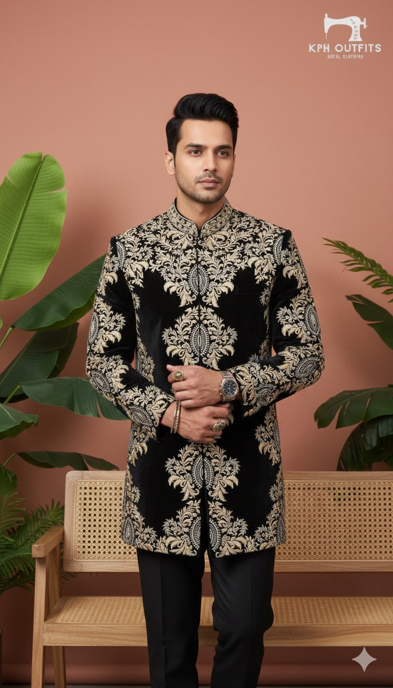 Black velvet Achkan with all-over gold embroidery – Ranveer Singh Inspired look