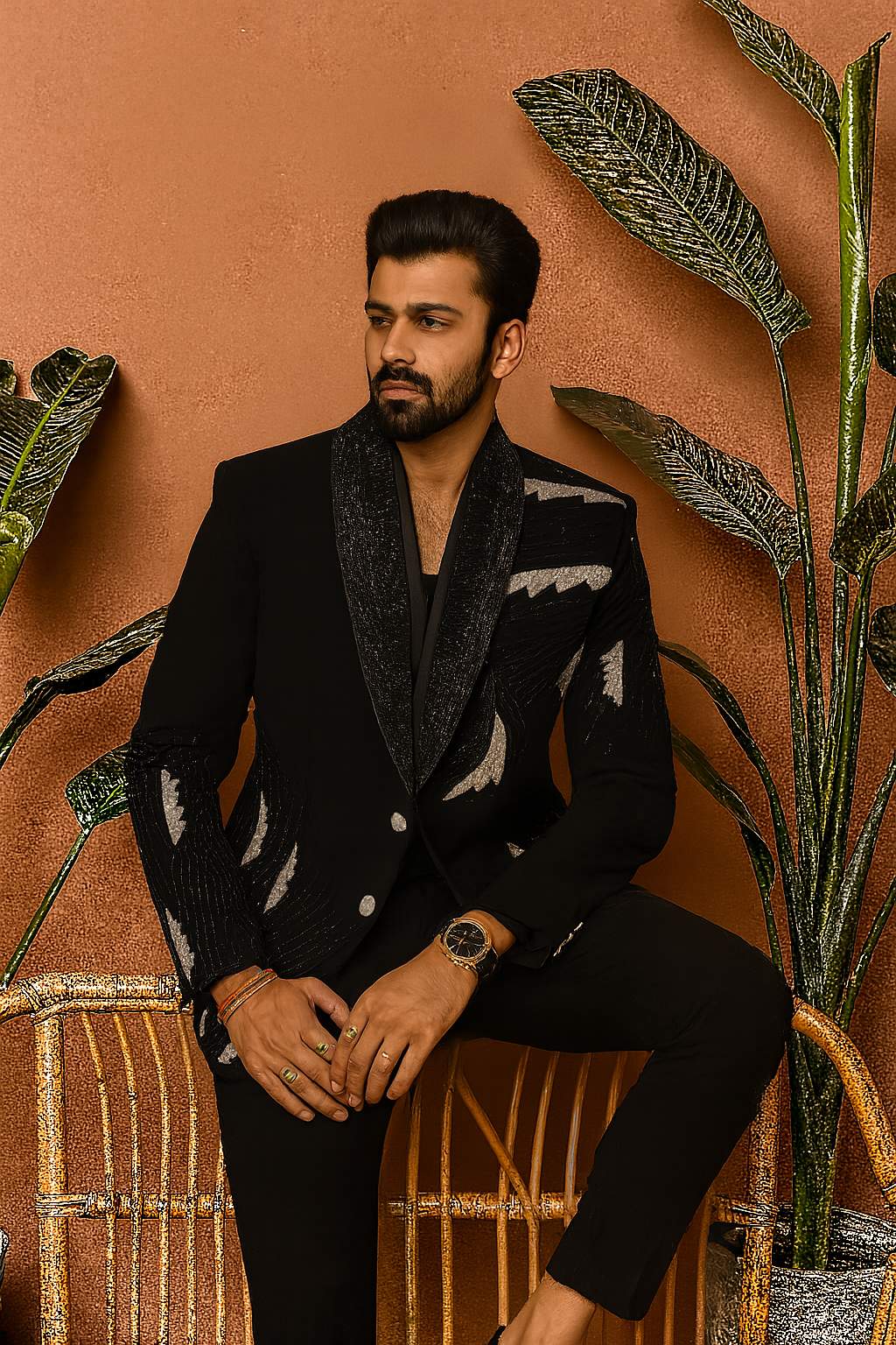 A front view of a man sitting in a black embellished tuxedo suit, with an intricate design on the blazer.

