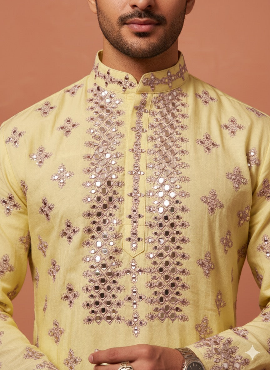 Wedding groom yellow kurta pajama set with mirror work embroidery and dupatta