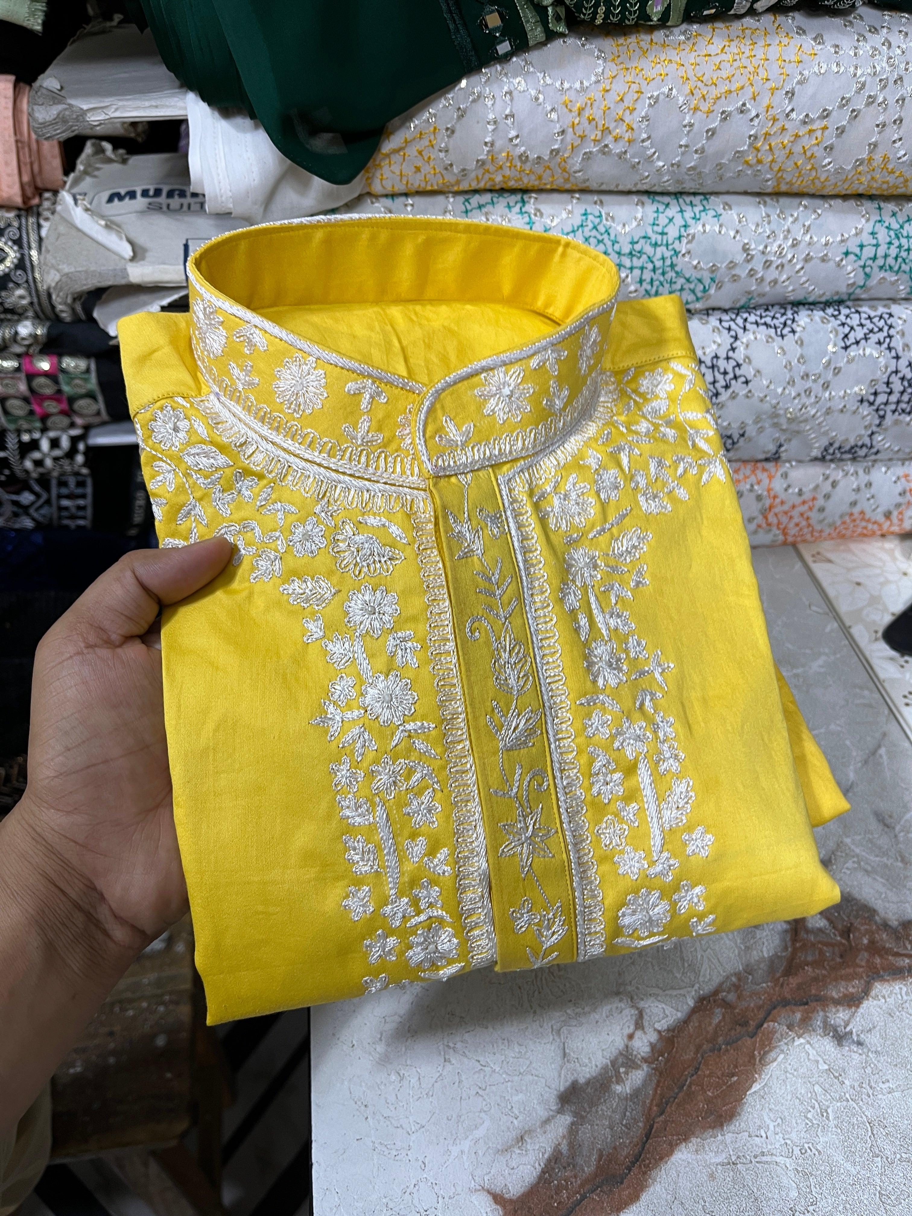 Men's Haldi Thread Embroidery Yellow Kurta Set