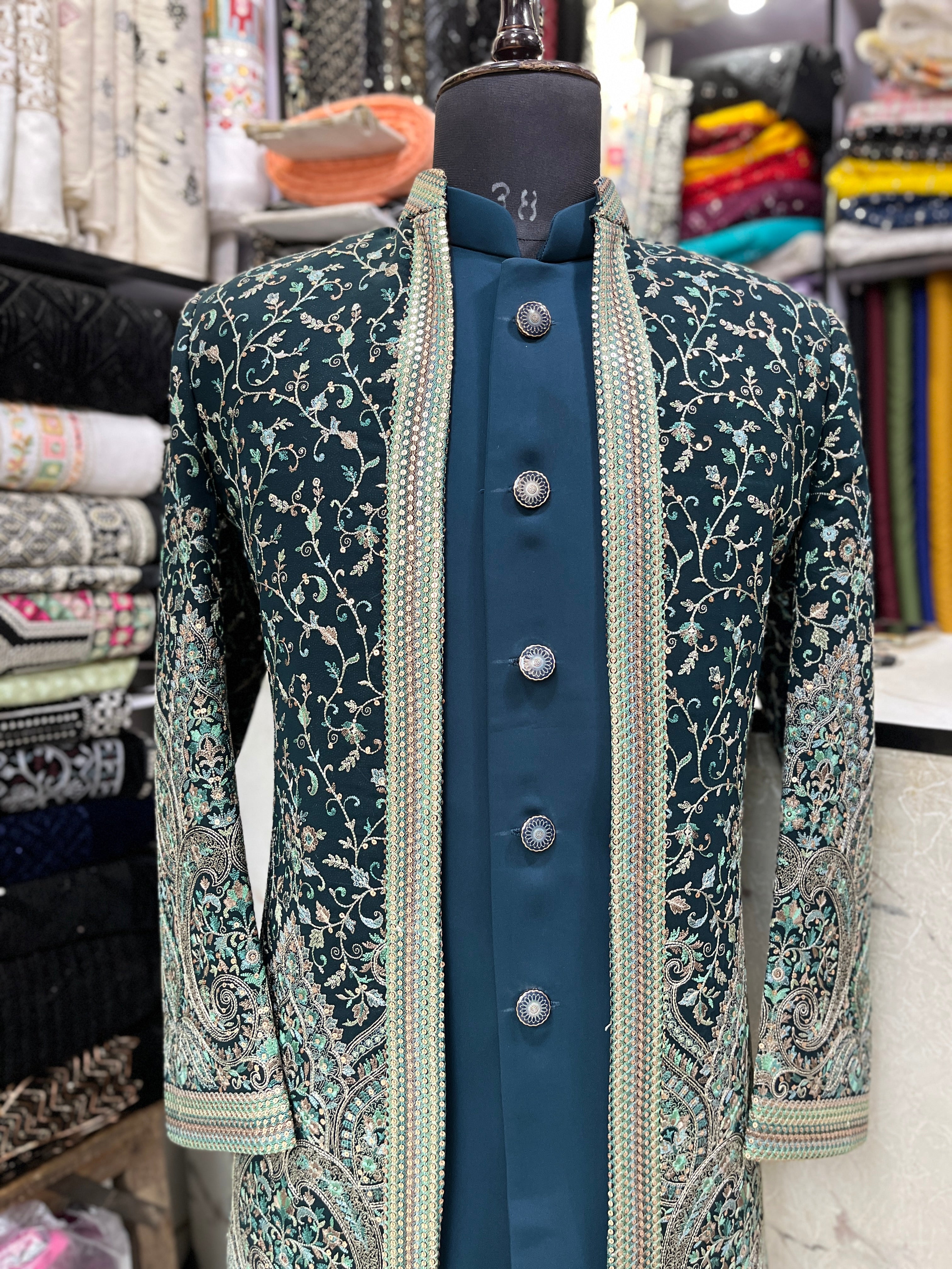 Men's Teal Blue Kalamkari Embroidery Open Indo-western Set