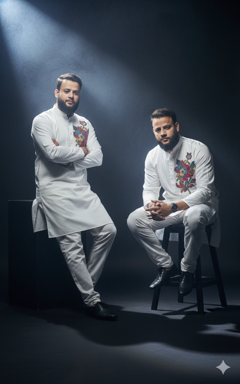 White Kurta Set with Floral Chest Embroidery - kph Outfits