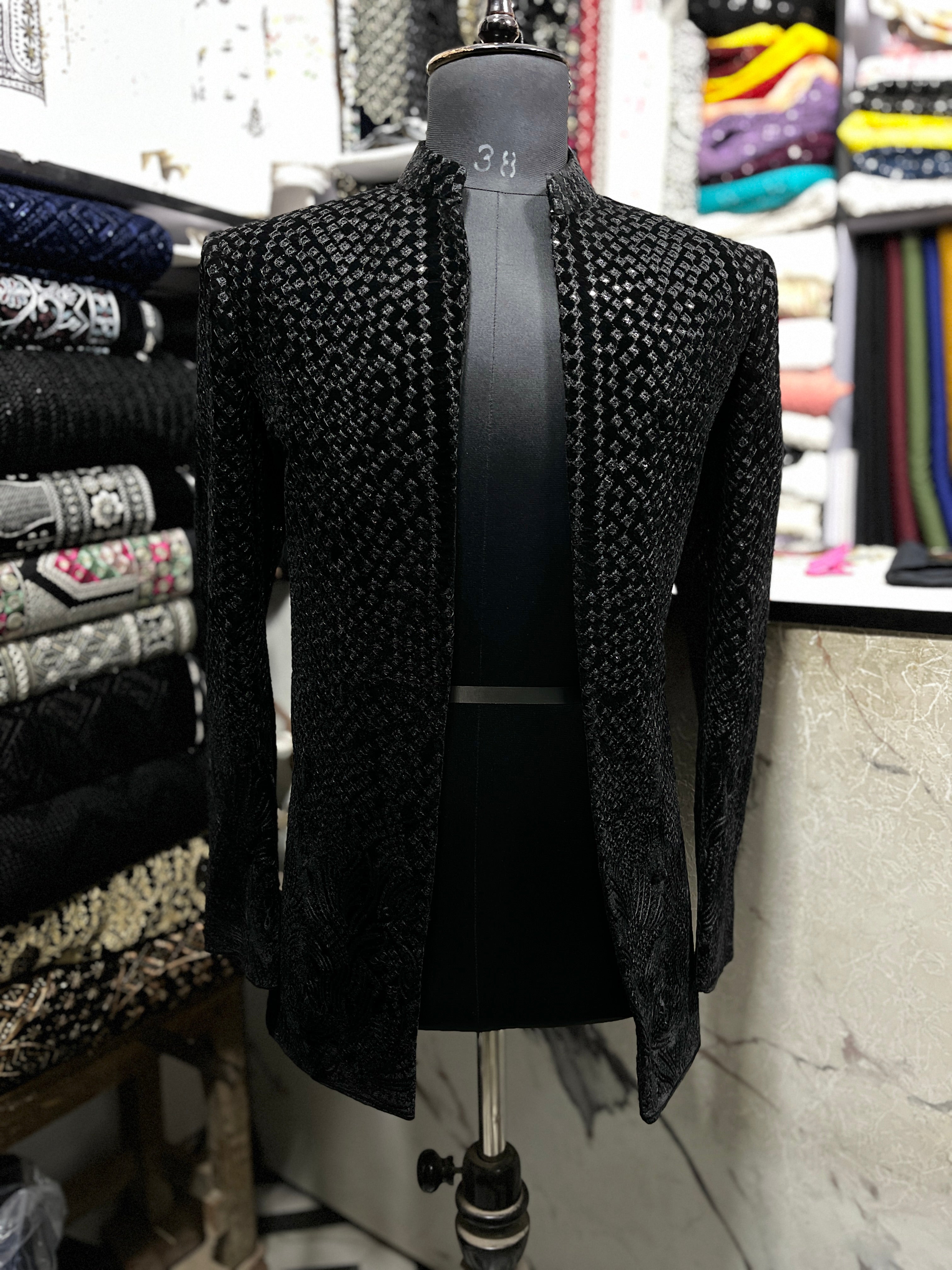 Men's Black Velvet Embroidery open Shrug