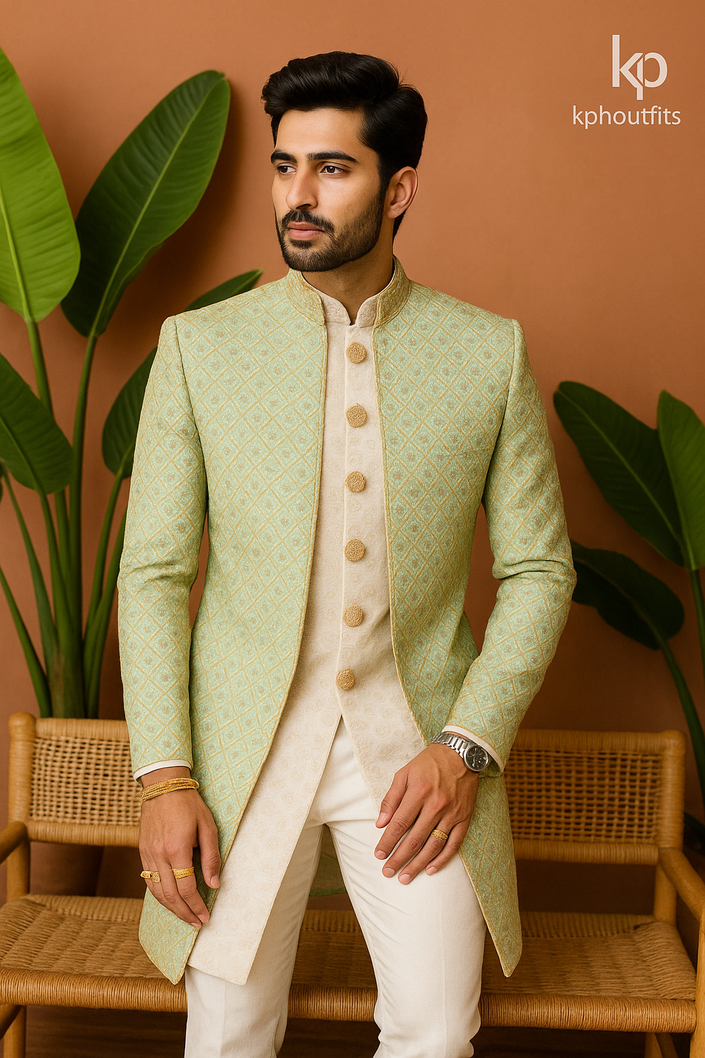 Exquisite Pista Handcrafted Golden Work Sherwani Set for Grooms - KPH Outfits