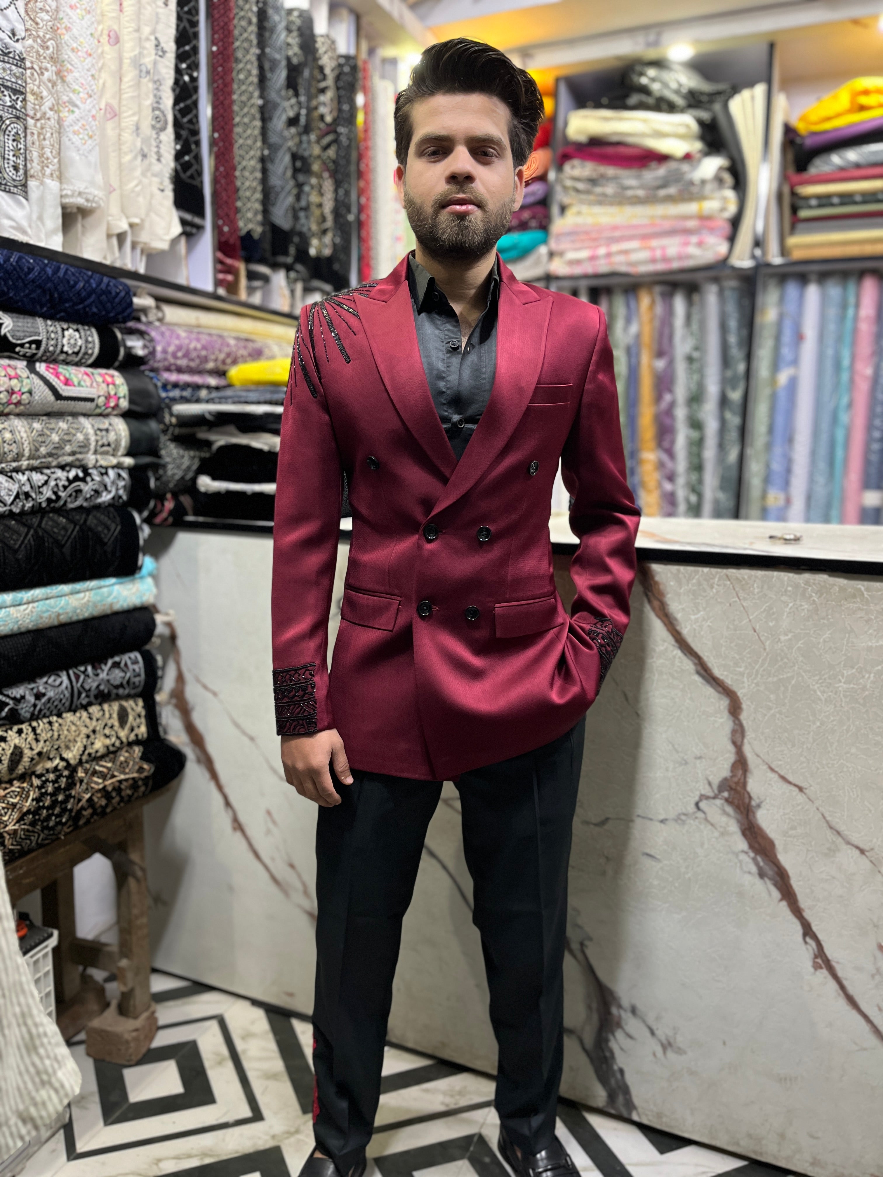 Men's Maroon Handcrafted Double Breast Tuxedo Suit