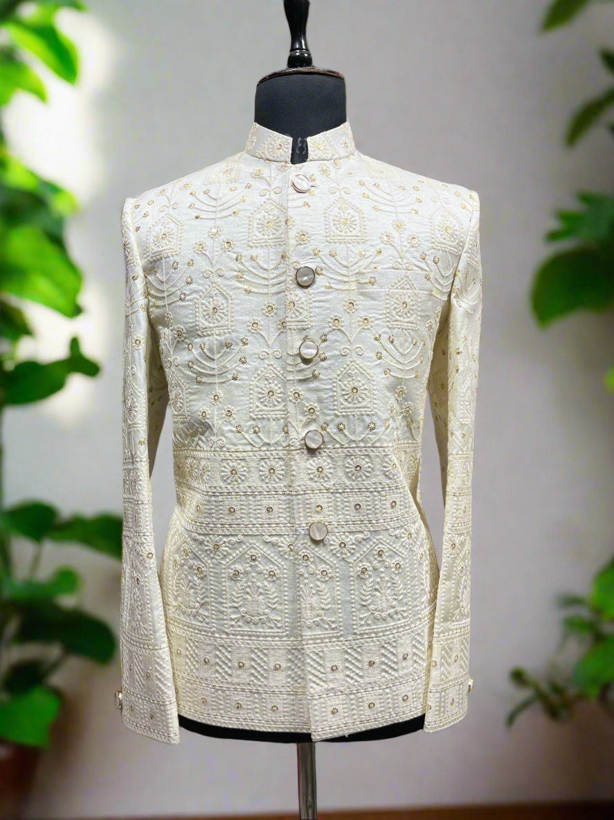 Premium Self-Embroidery Off-White Silk Wedding Outfit for Men