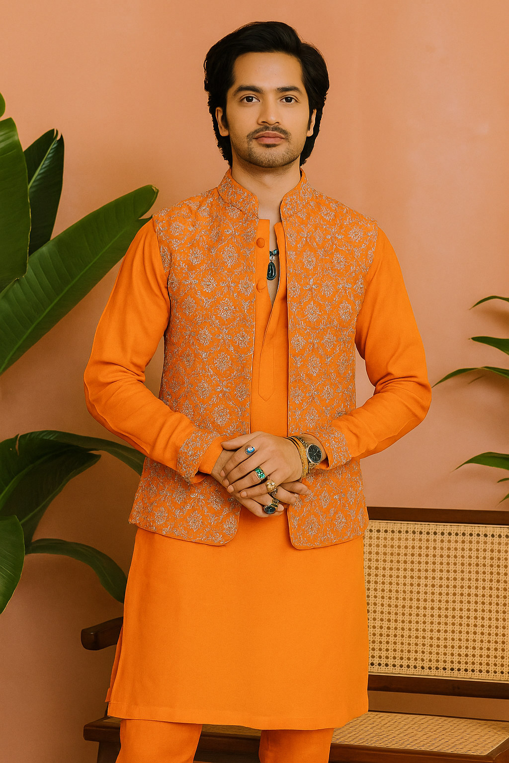 A photograph of a man in a stylish kurta set, highlighting the quality of the fabric and the unique design.


