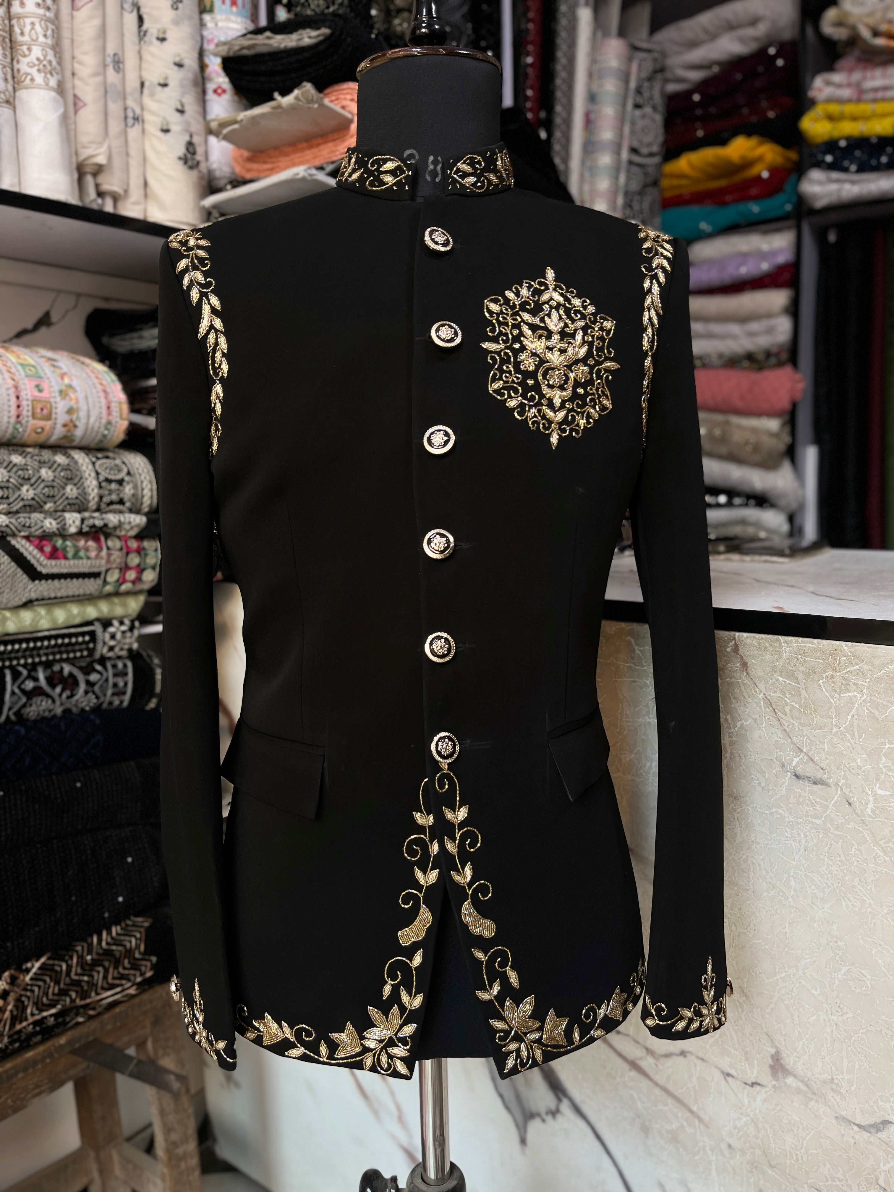 Men's Black Handcrafted Cut Work Bandhgala Suit