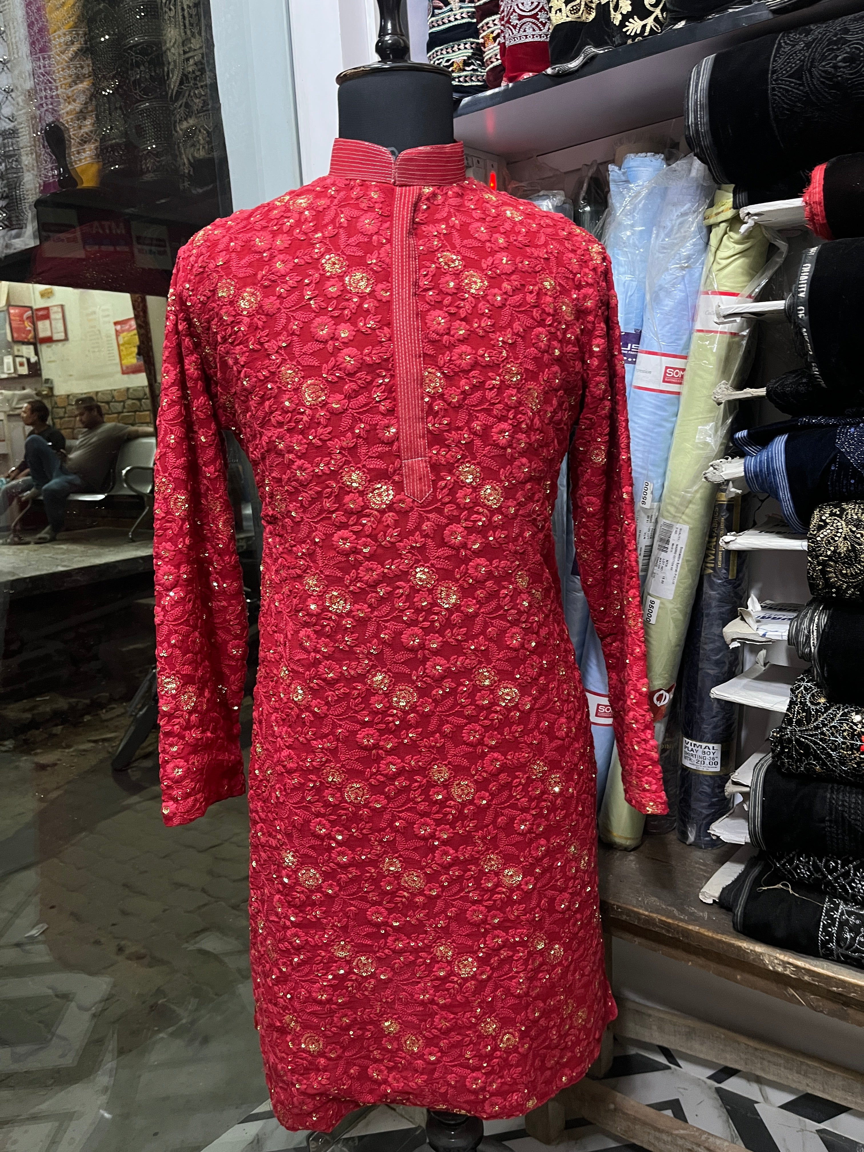 Men's Red Exclusive Thread Embroidery Kurta Set