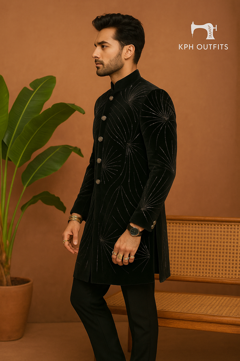 Men's Black Handcrafted Cut Dana Work Open Indo-Western Set by KPH Outfits