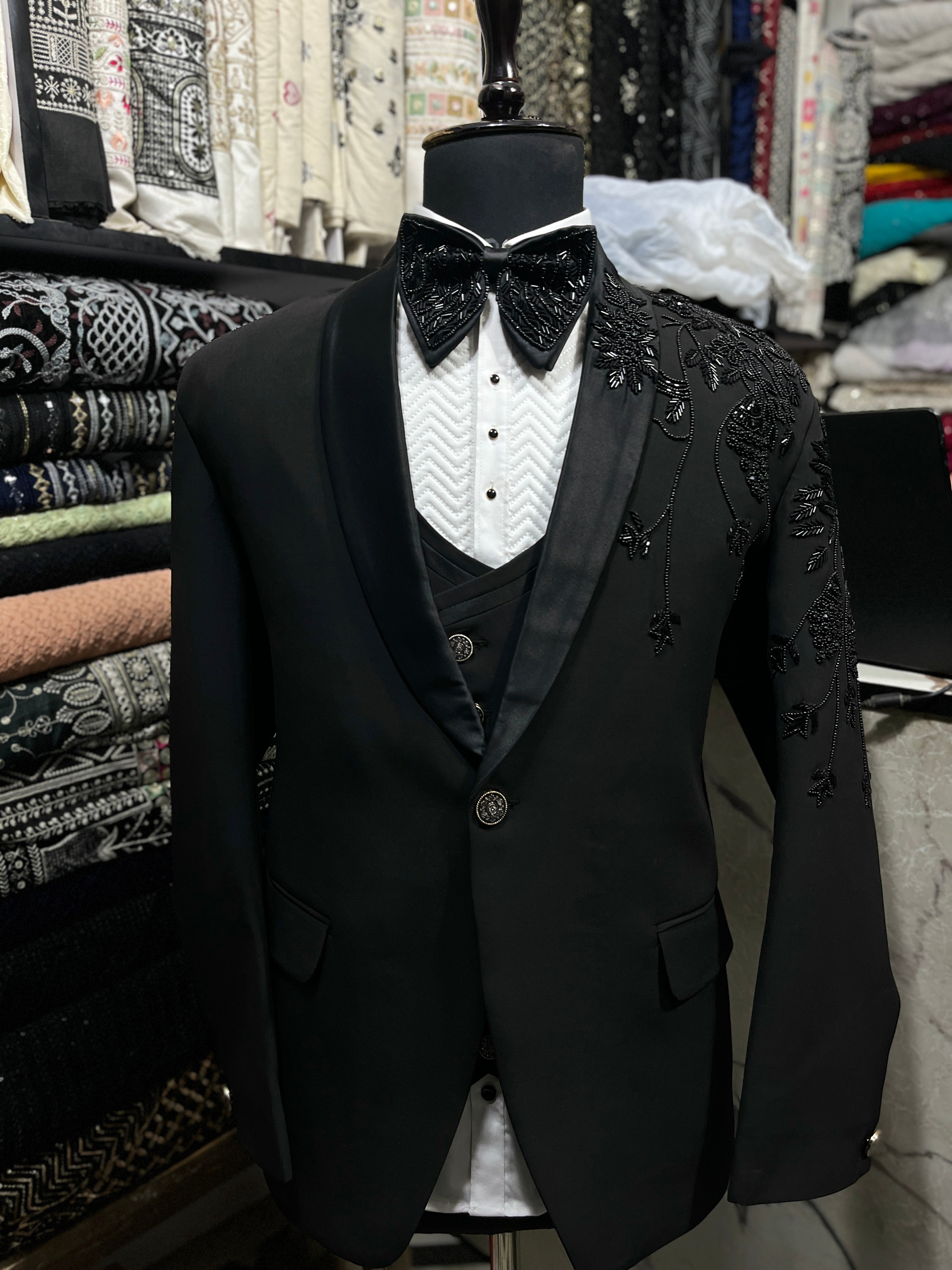 Men's Black Handcrafted Embellished Tuxedo Suit