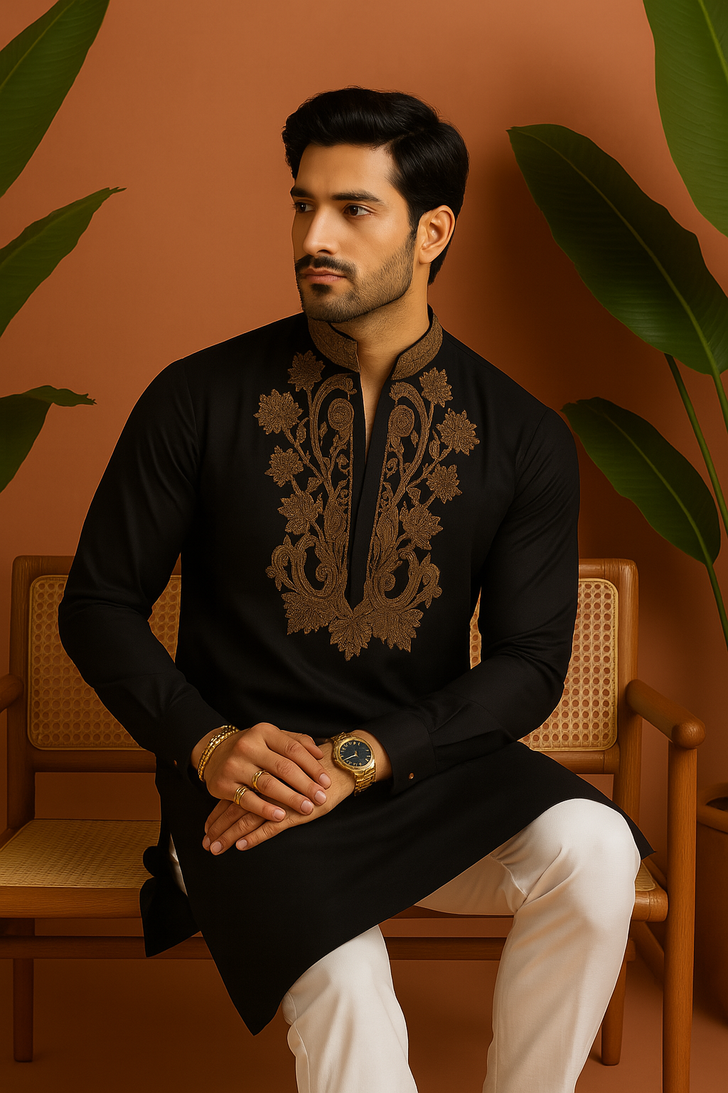 A front view of a man in a black kurta with intricate white embellishments, posing confidently.


