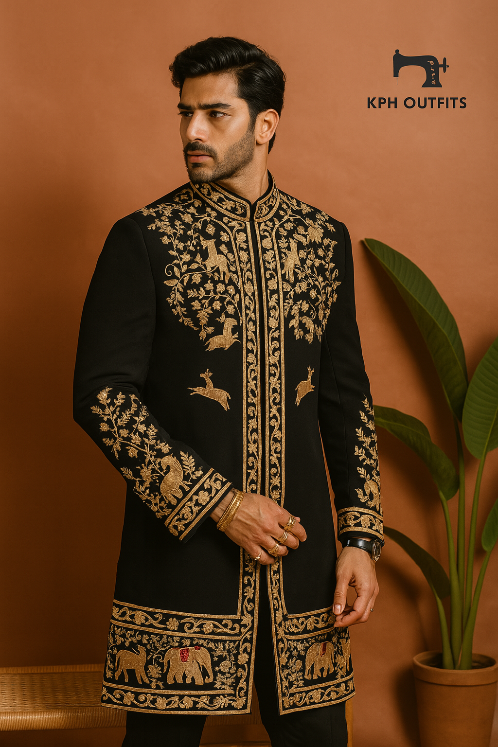 A photograph of a man in a stylish sherwani, highlighting the quality of the Japanese fabric and the unique design.


