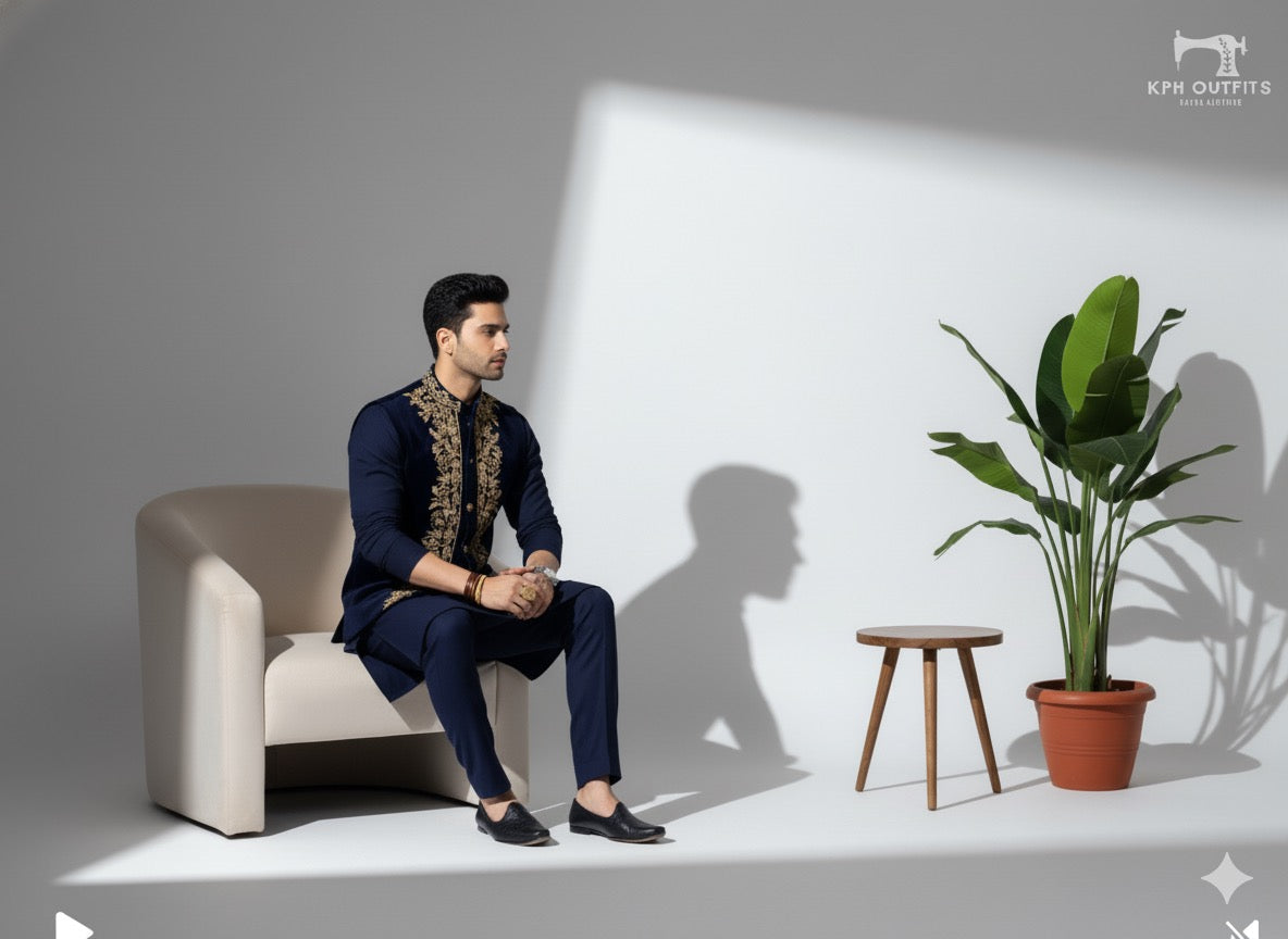 Stylish navy blue ensemble featuring an embroidered waistcoat