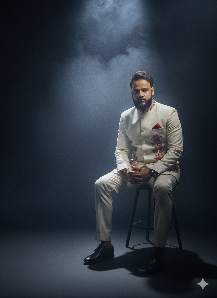 Premium twill Bandhgala suit with intricate multi-color thread embellishment