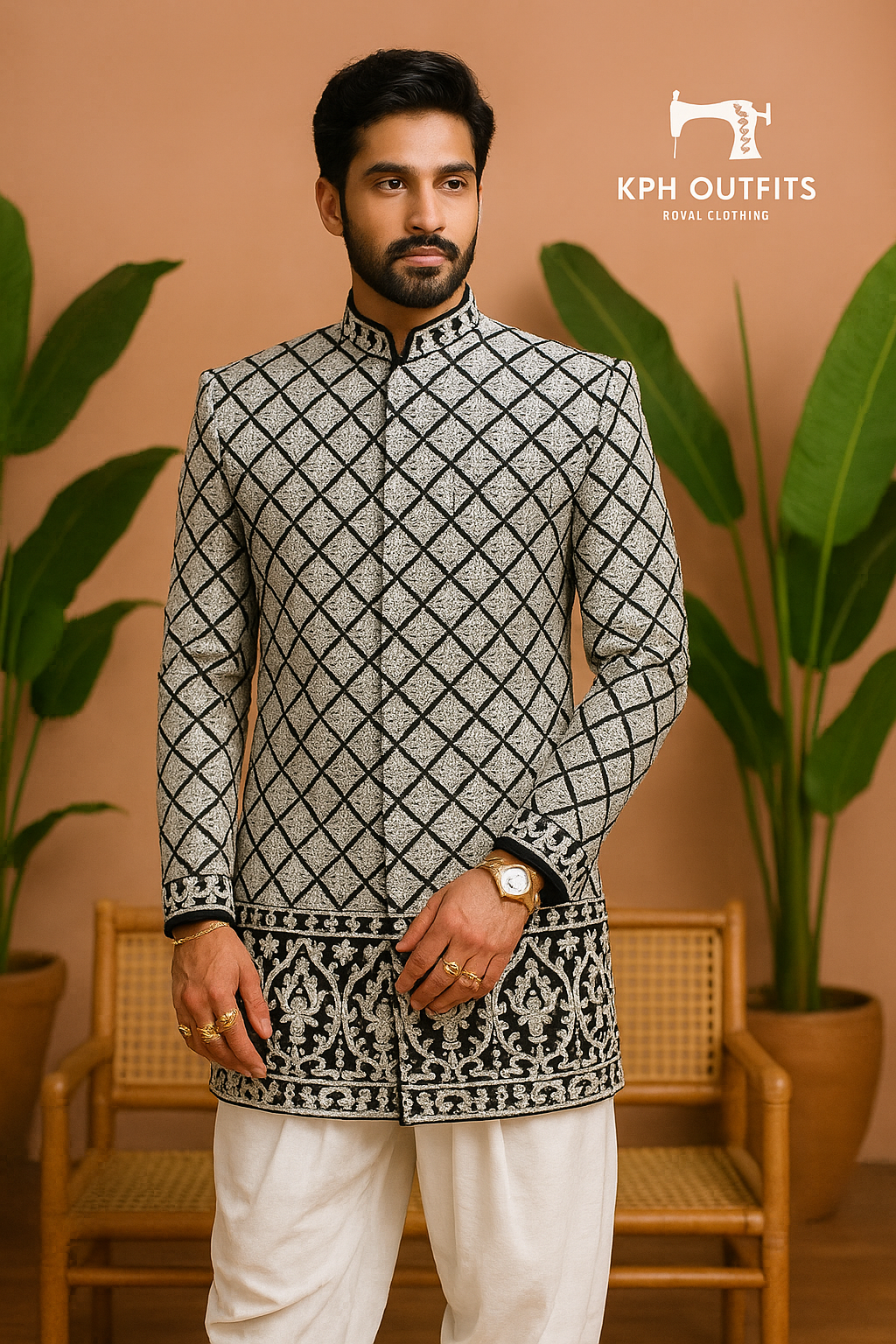 SRK Inspired Black Velvet Designer Sherwani Set – Luxurious Patiala Style Ensemble – KPH Outfits