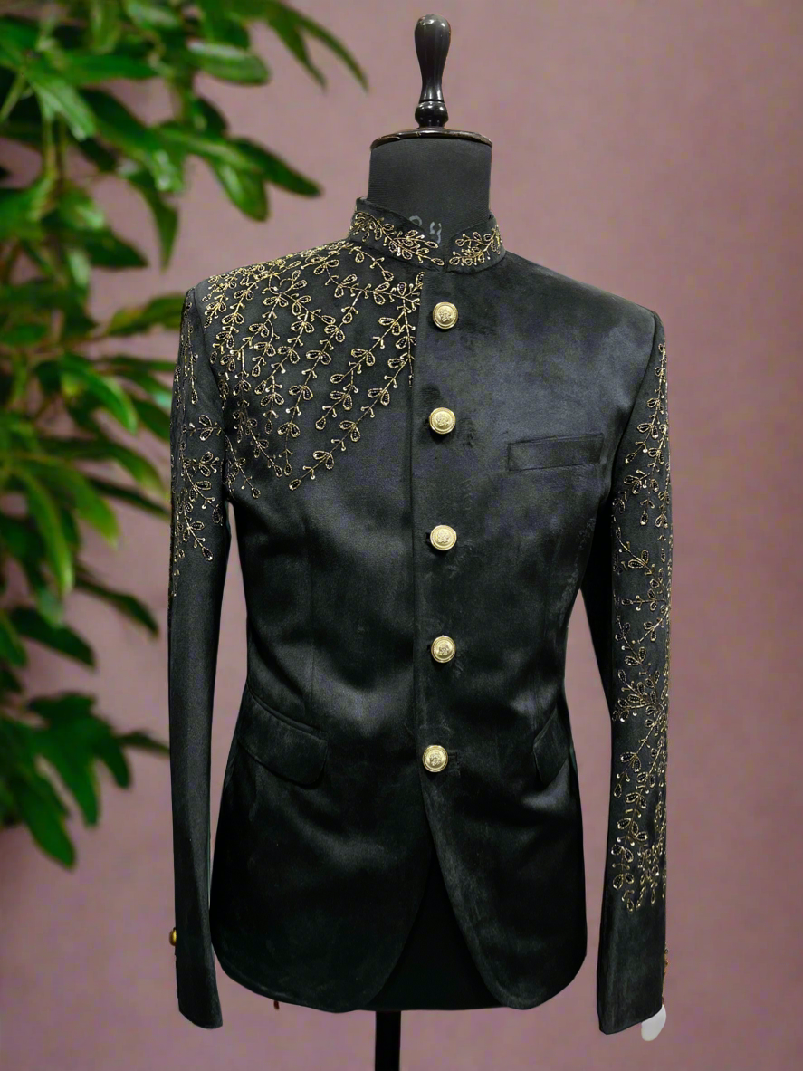 Velvet Jodhpuri Design Floral Jodhpuri Suit Black Floral