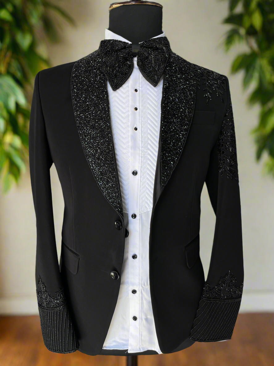 Men's Black Handcrafted Tuxedo Suit with Cut Work Detailing By KPH Outfits