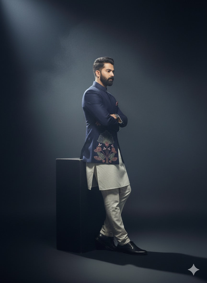 Navy bandhgala with floral embroidery styled for modern celebrations