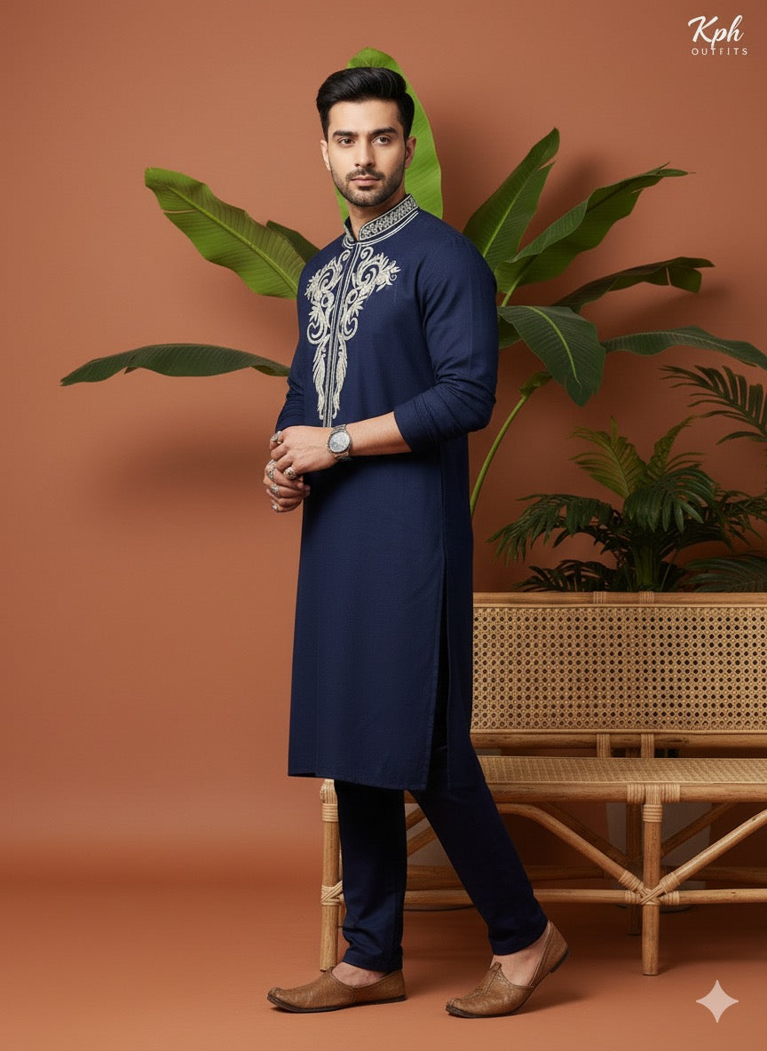 Handcrafted navy blue men’s kurta set with elegant embroidery
