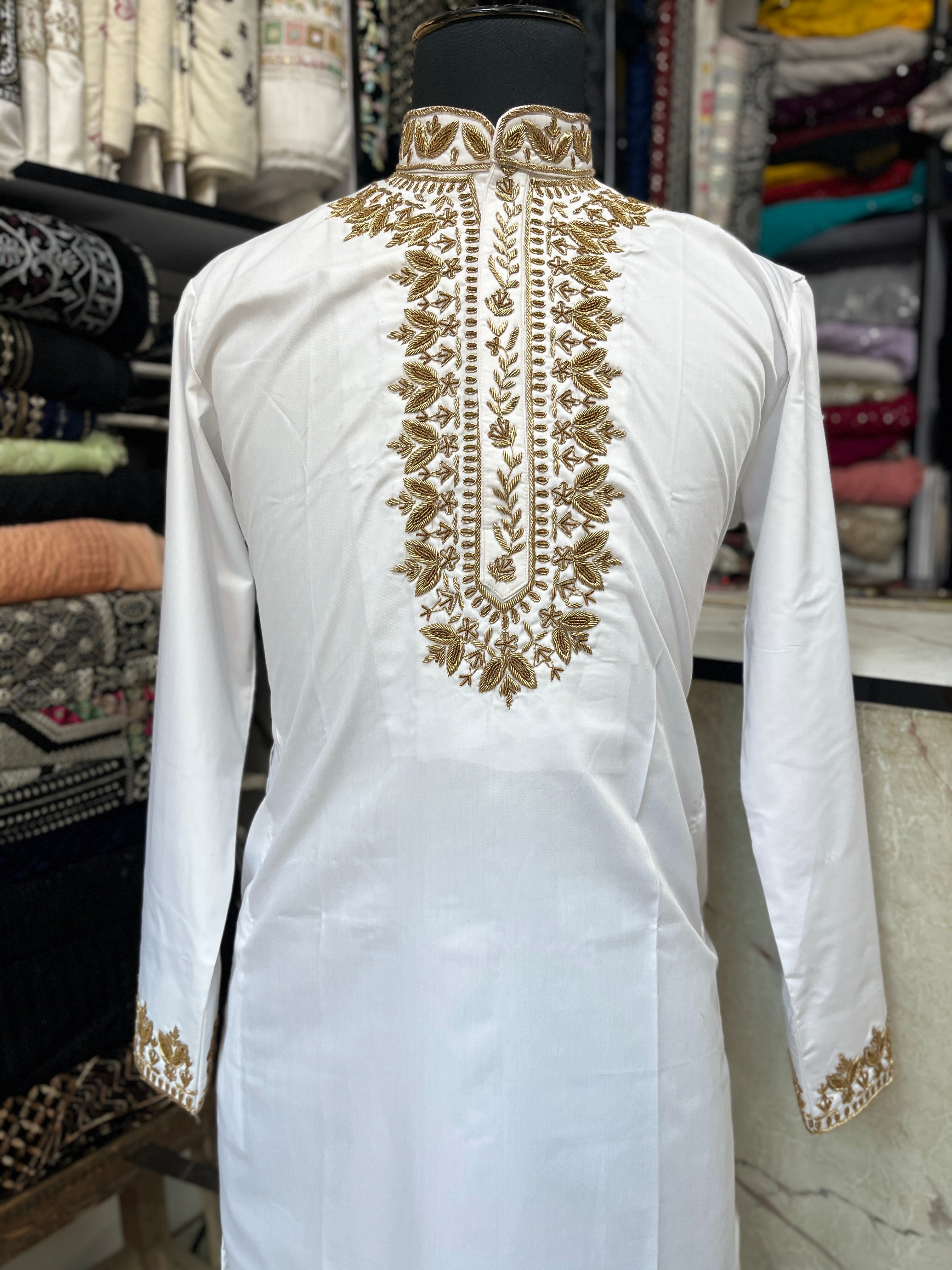 Men's White Handcrafted Neck Style Kurta Set