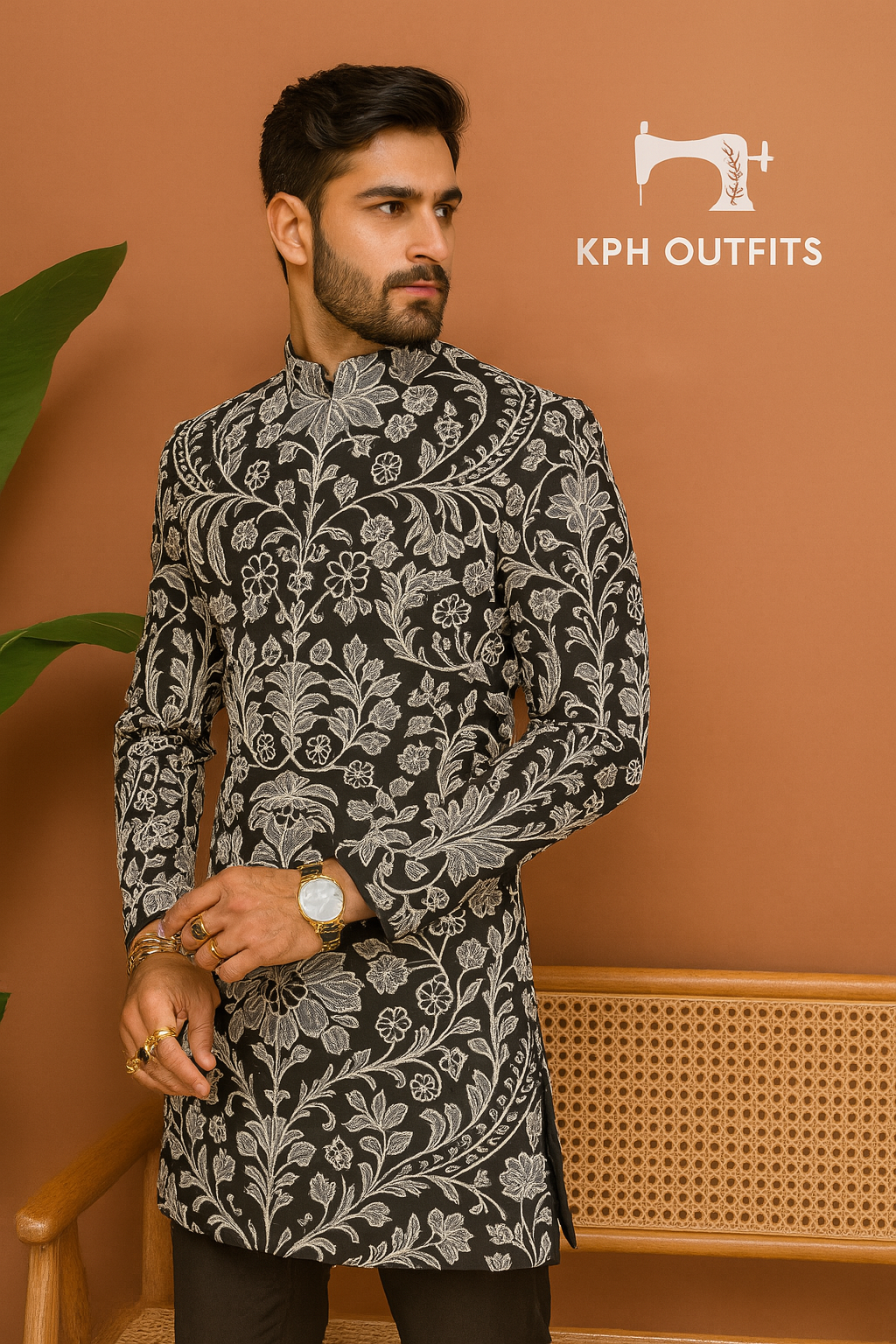 Celebrity Inspired Stylish Embellished Black Achkan Set - Luxury Fashion by KPH Outfits