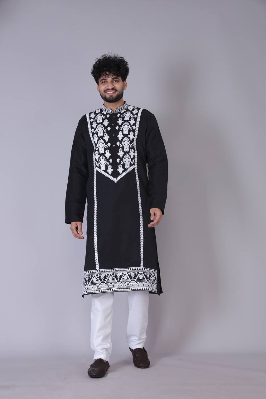 Men's Black Stylish Neck Pattern kurta Set