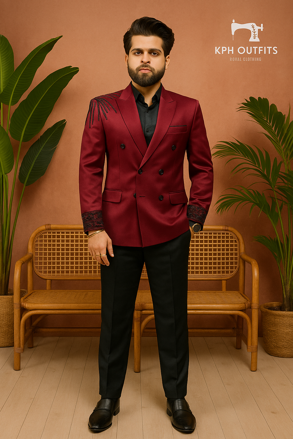 Maroon Handcrafted Double-Breast Tuxedo Suit for Men - KPH Outfits