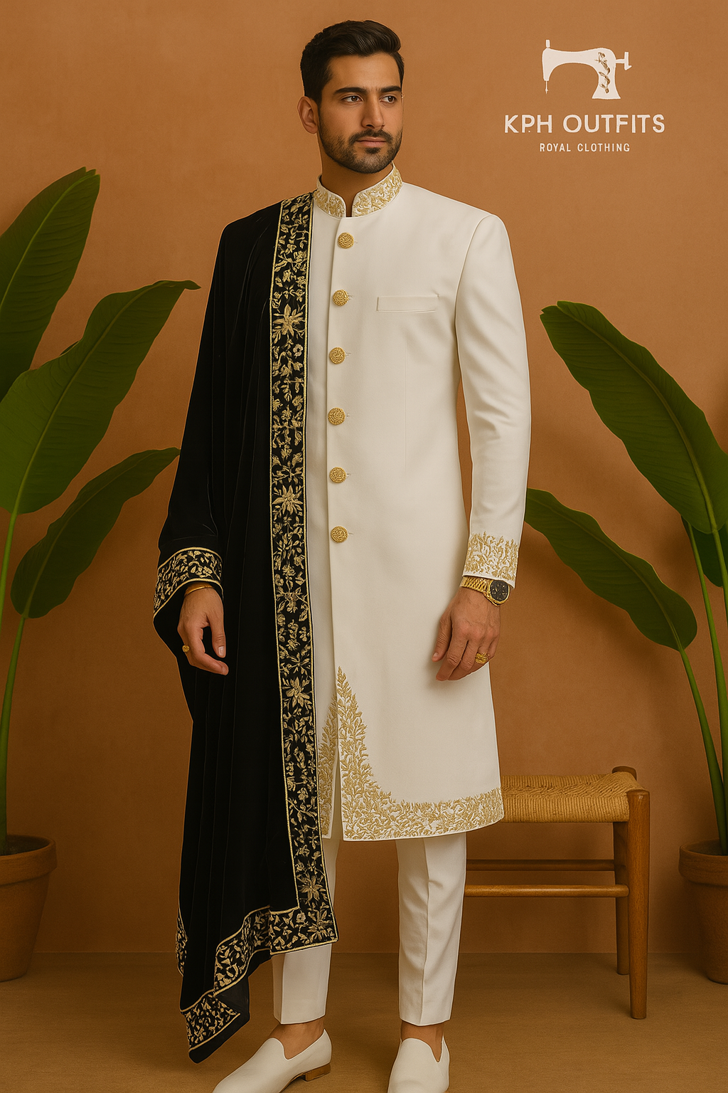 Men's Ivory Handcrafted Zardozi Work Groom Sherwani Set – 3-Piece Designer Outfit – KPH Outfits