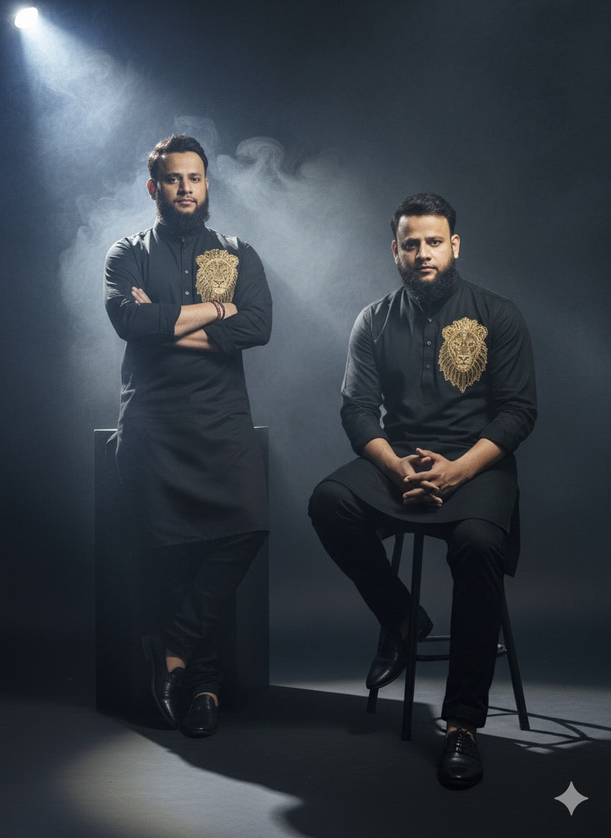Black Embroidered Kurta Set with Golden Lion Motif - kph Outfits