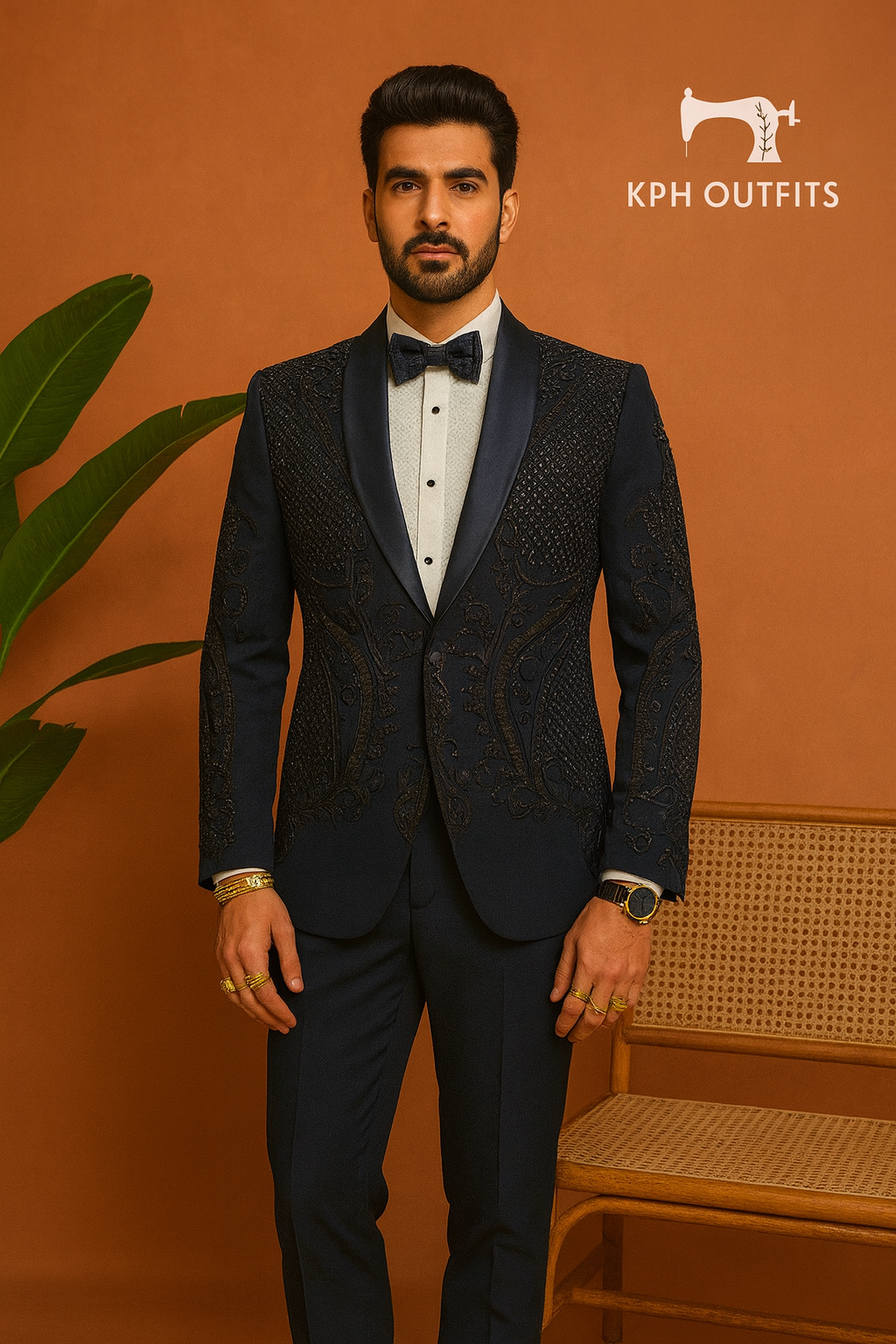 Men's Exclusive Navy Blue Handcrafted Cut Work Stylish Tuxedo Suit – Luxury Formal Wear by KPH Outfits