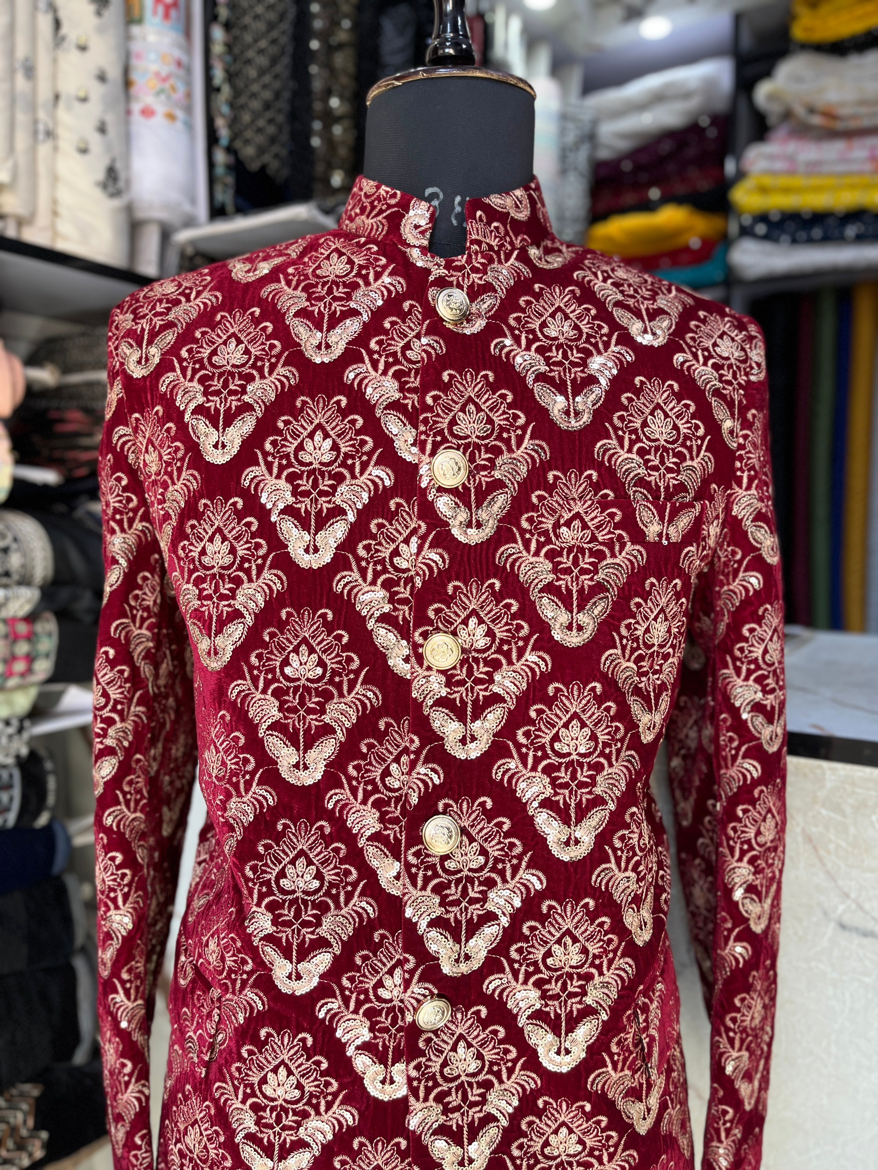 Men's Red Velvet Embroidery Jodhpuri Set