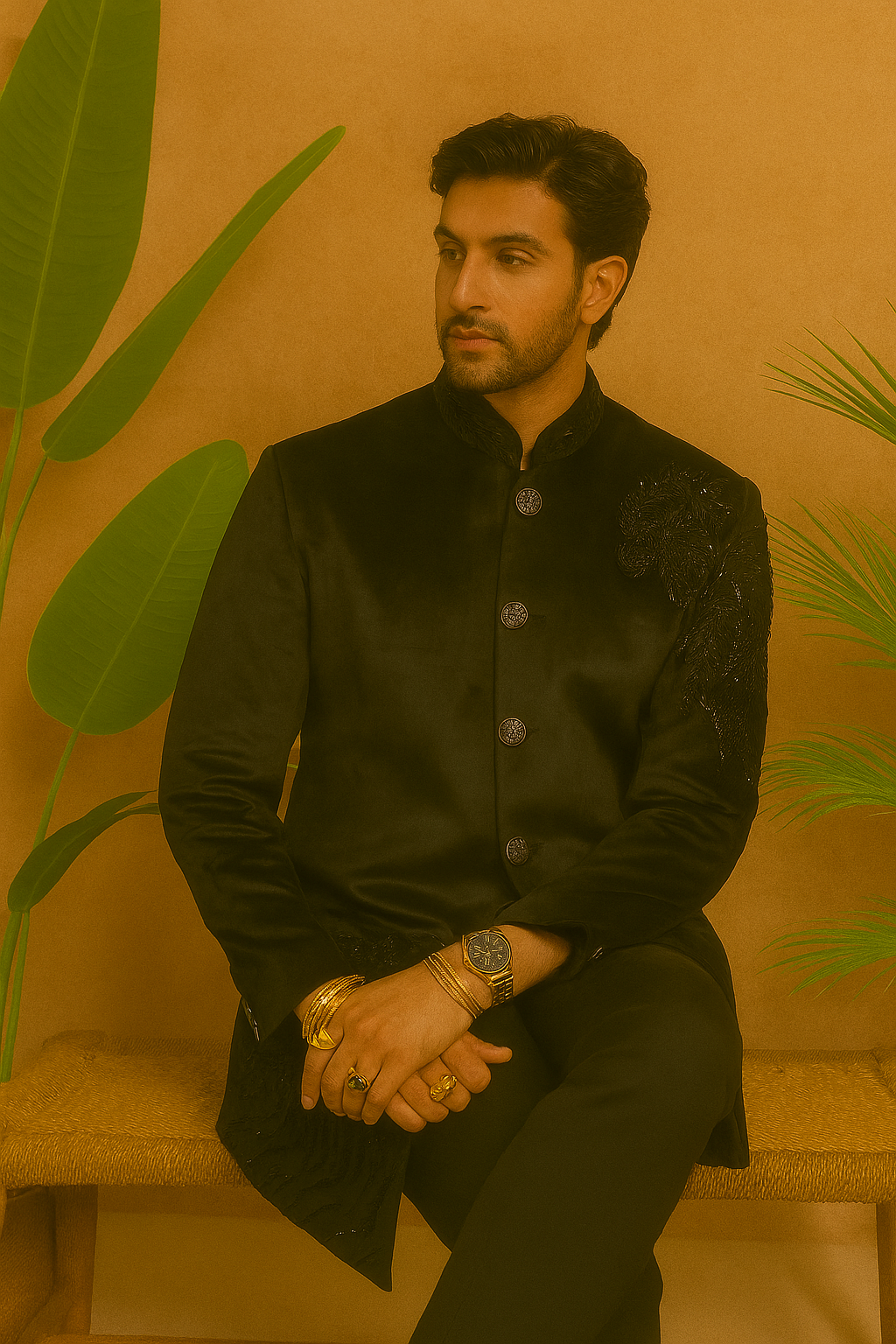 Groom indo-western outfit in black velvet with 7-button sherwani – KPH Outfits