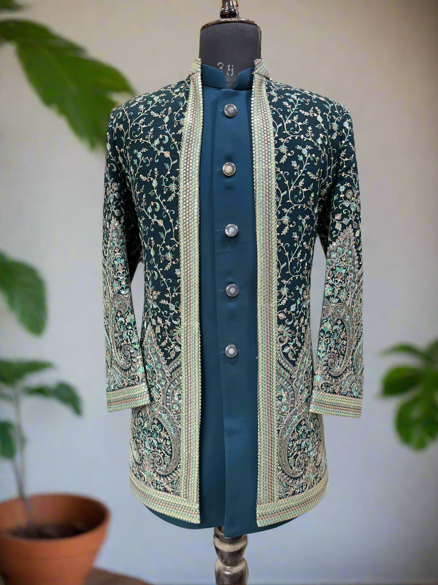 Teal Blue Kalamkari Embroidered Open Indo-Western Set for Men – KPH Outfits