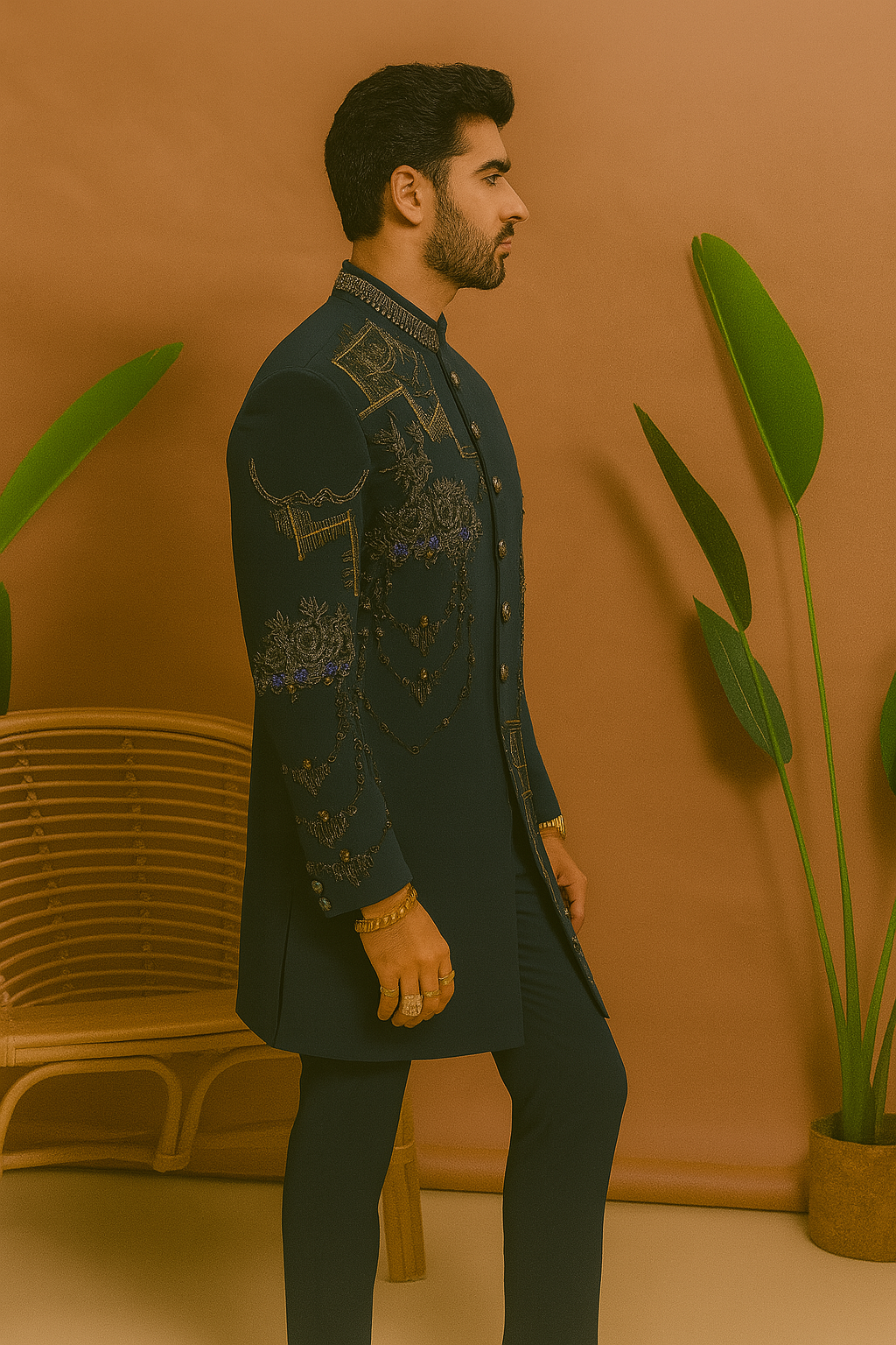 Designer peacock green Indo-Western set with artisan cut-work – KPH Outfits