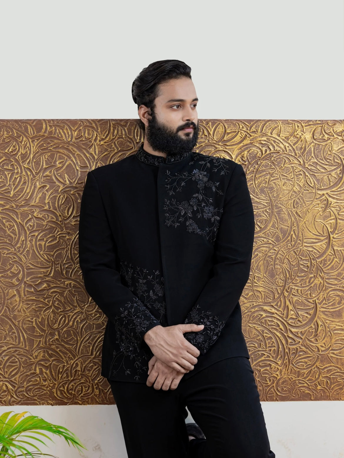 Men's Black Handcrafted Cut dana Work Bandhgala Suit