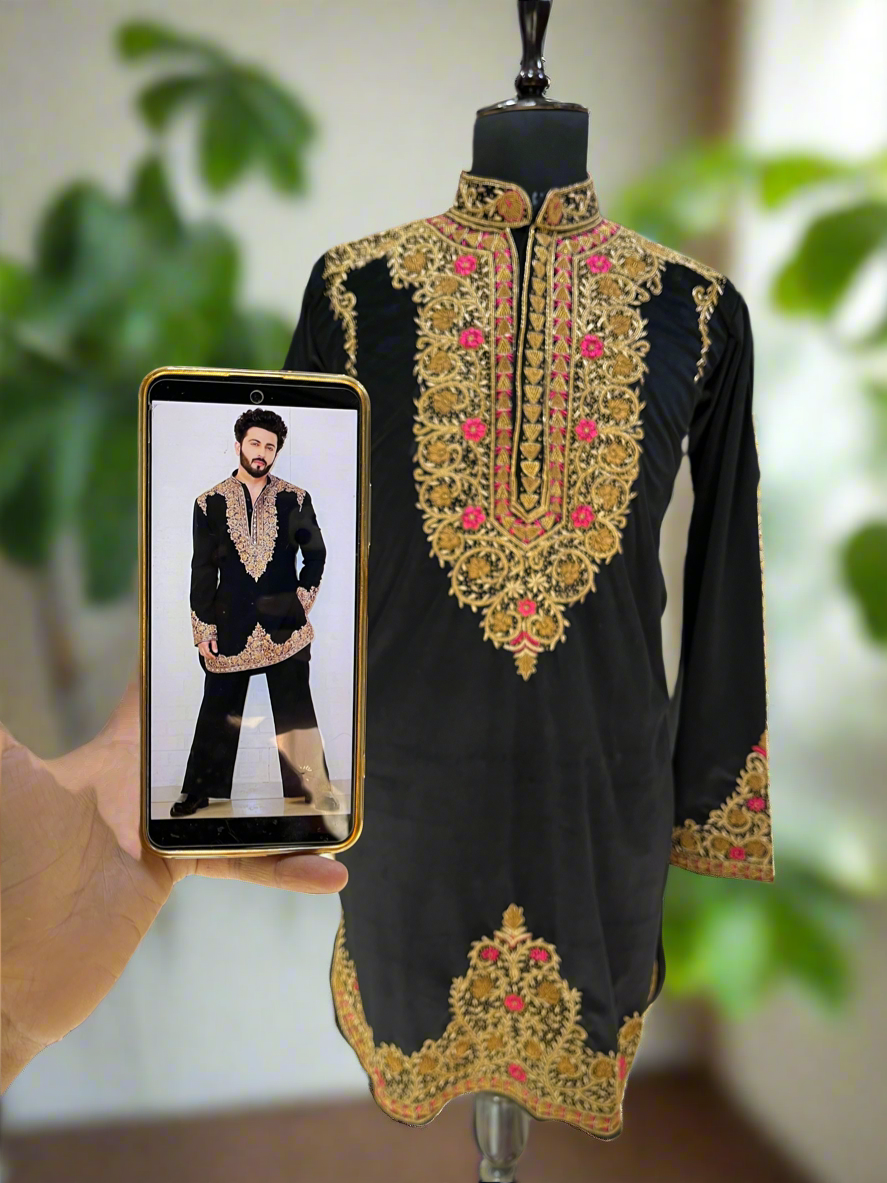 Luxurious Zardozi work kurta set in black, perfect for weddings and festive occasions.
