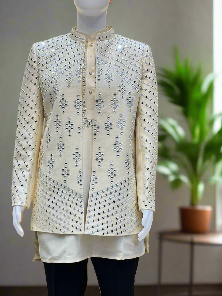 Men's Ivory Handcrafted Real Mirror Designer Shrug Set – Premium Silk Wedding Wear by KPH Outfits